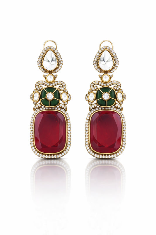 red doublet earrings with cz, kundan, pota stone with victorian gold finish