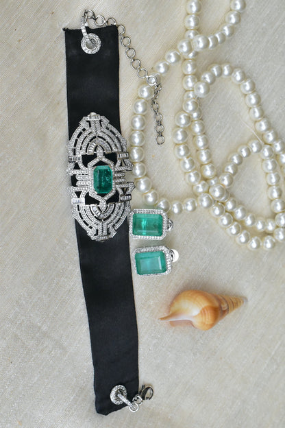 mint green double satin belt statement choker necklace with stud earrings