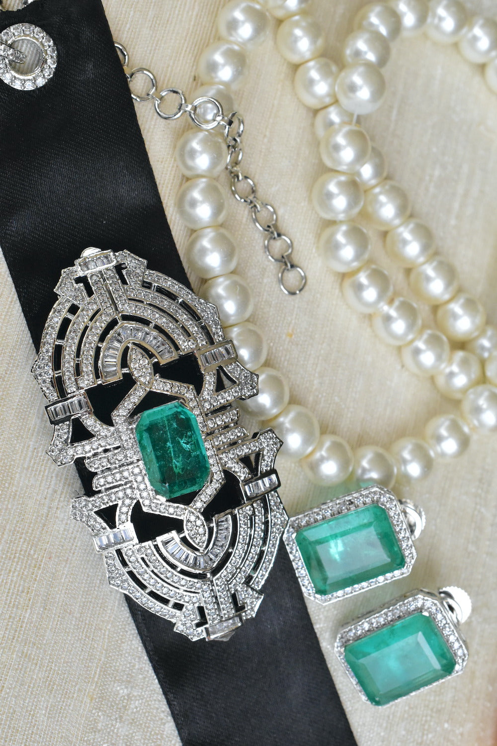 mint green double satin belt statement choker necklace with stud earrings