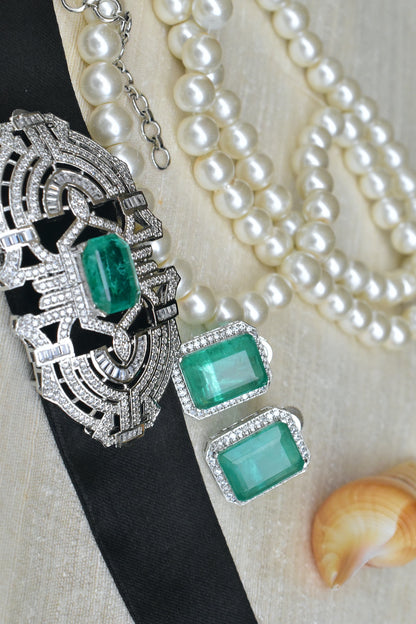 mint green double satin belt statement choker necklace with stud earrings