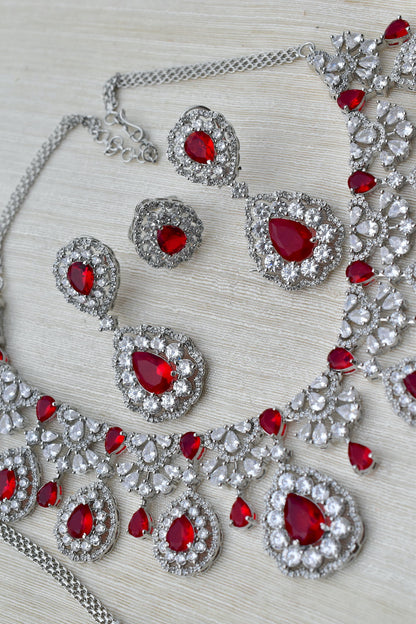 Ad silver polish delicate necklace earrings tika finger ring Set adspchnes250323