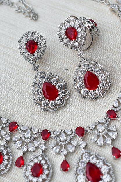 Ad silver polish delicate necklace earrings tika finger ring Set adspchnes250323