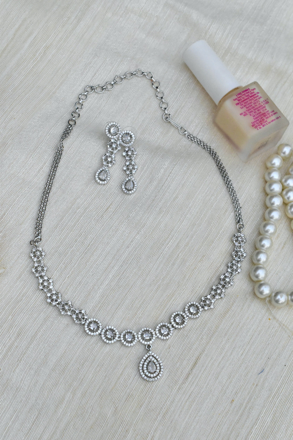 Ad silver polish delicate necklace earrings Set adspchnes250322