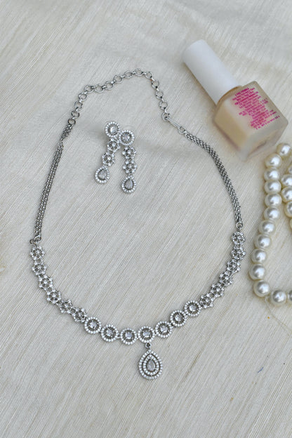 Ad silver polish delicate necklace earrings Set adspchnes250322