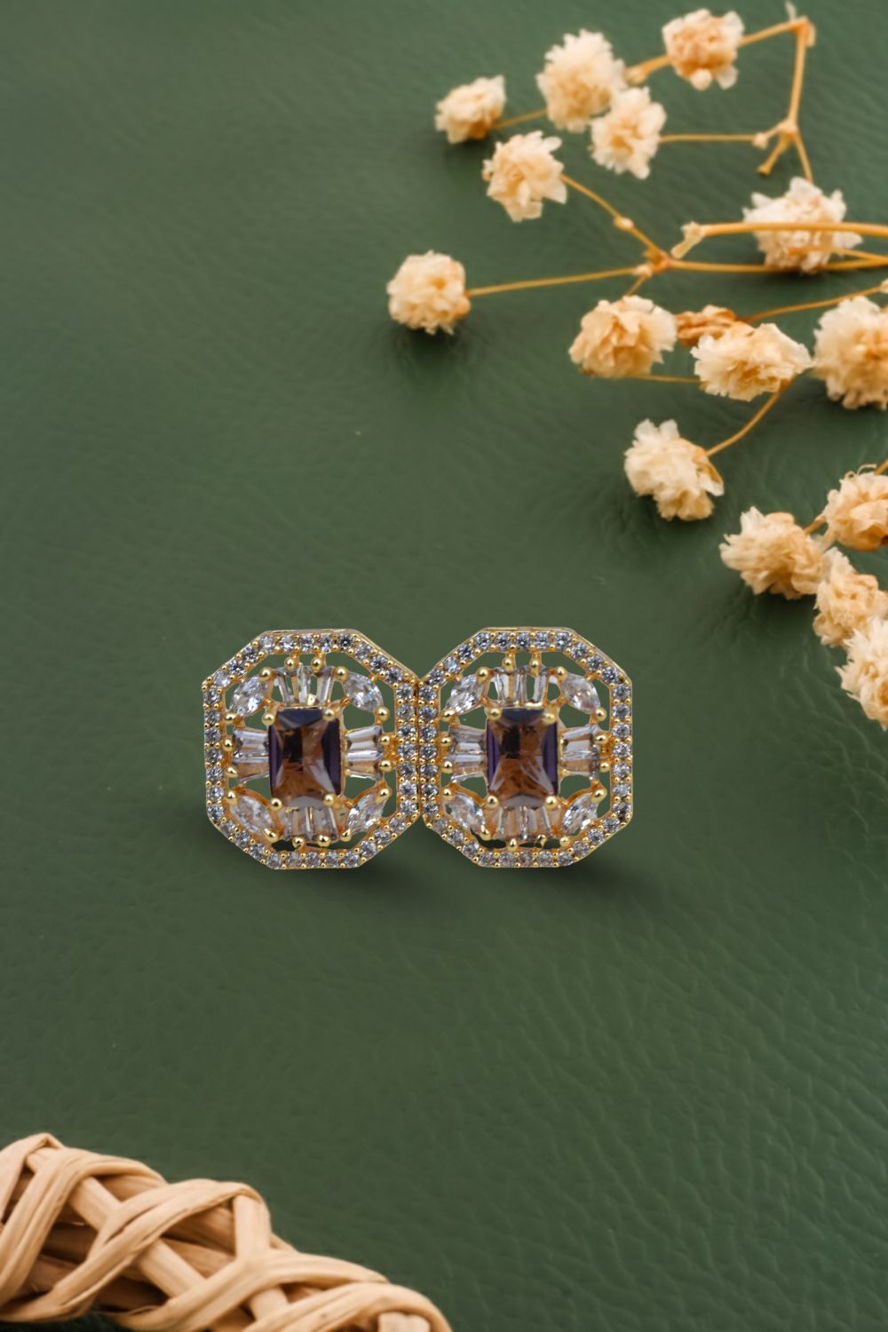 Ad zircon antique gold polish oval stud earrings adgpse250305