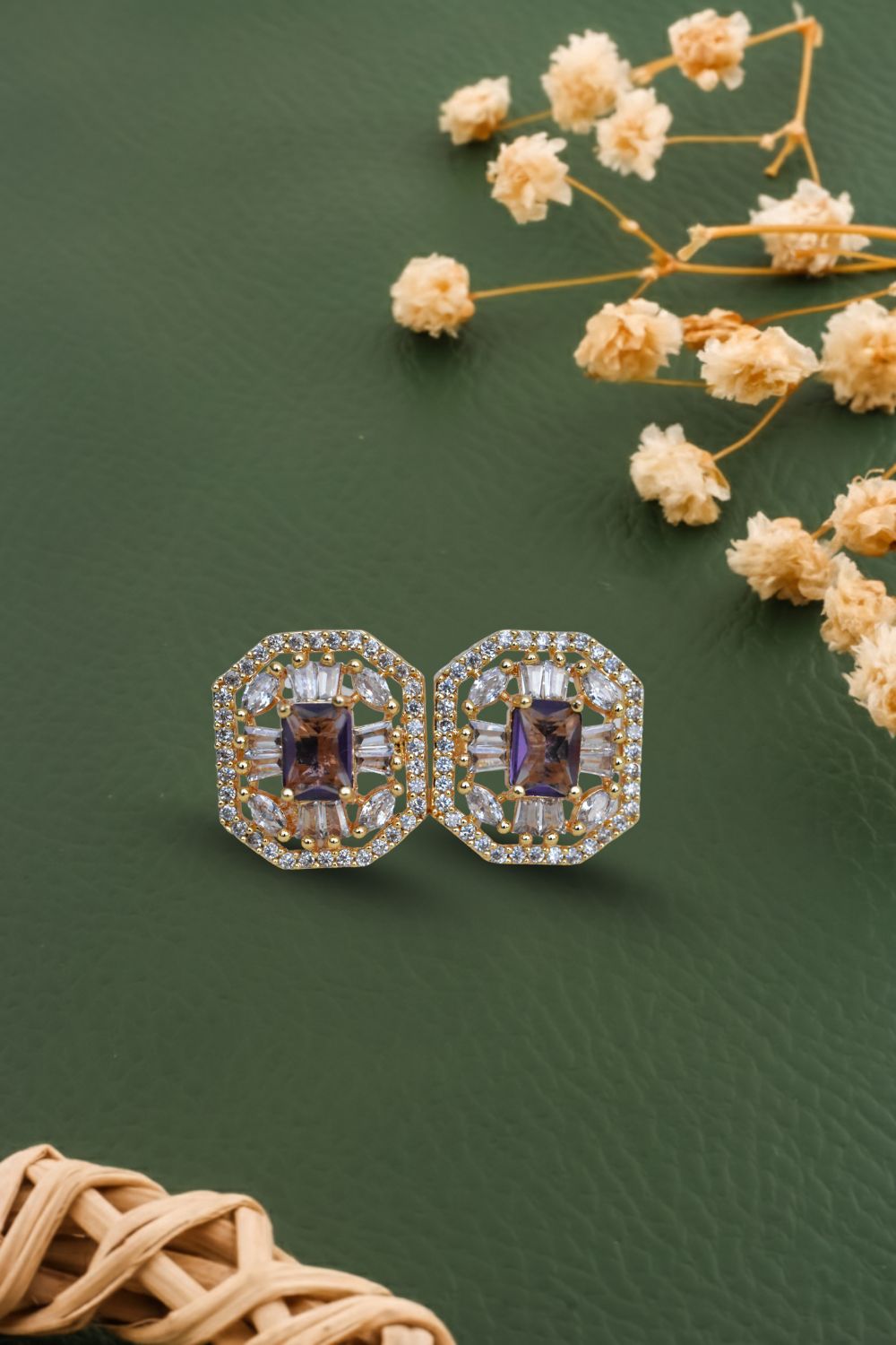 Ad zircon antique gold polish oval stud earrings adgpse250305