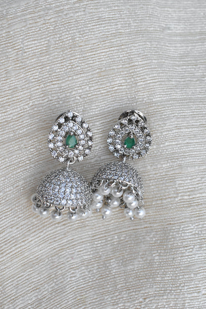 Silver earrings with green gemstones and pearl