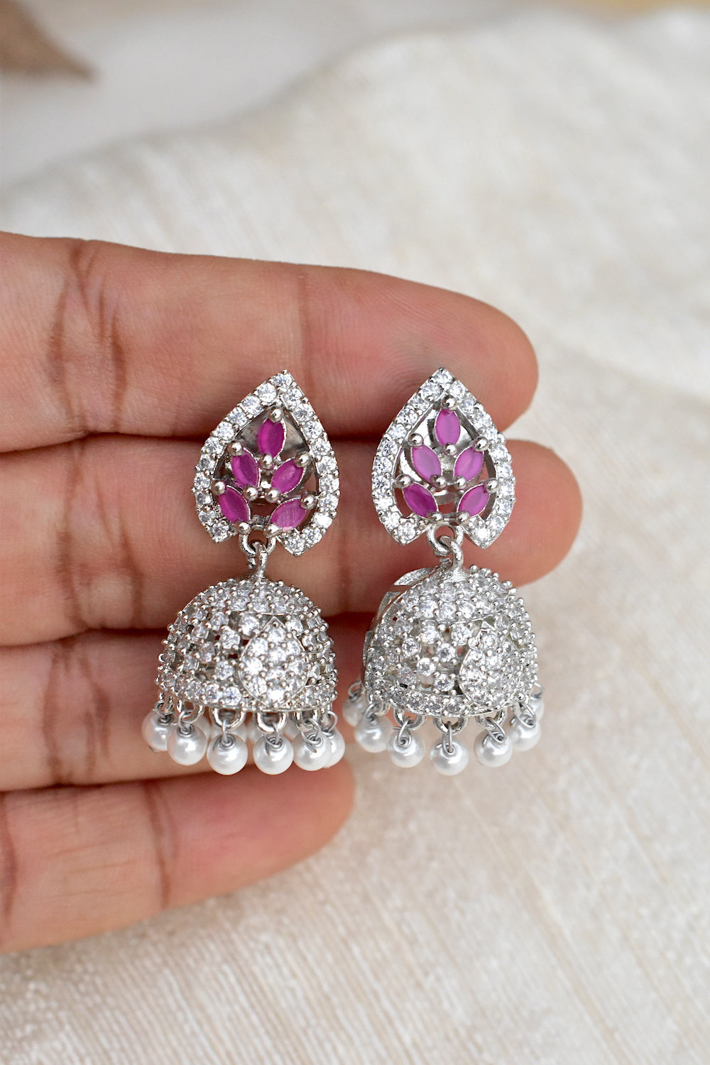 ruby silver cz jhumka