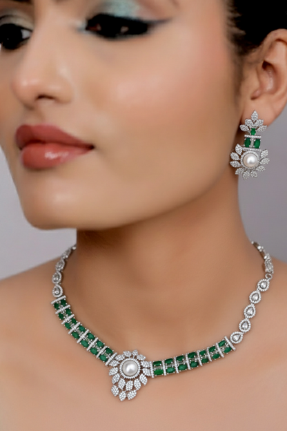 Ad silver polish delicate necklace earrings Set adspchnes250315