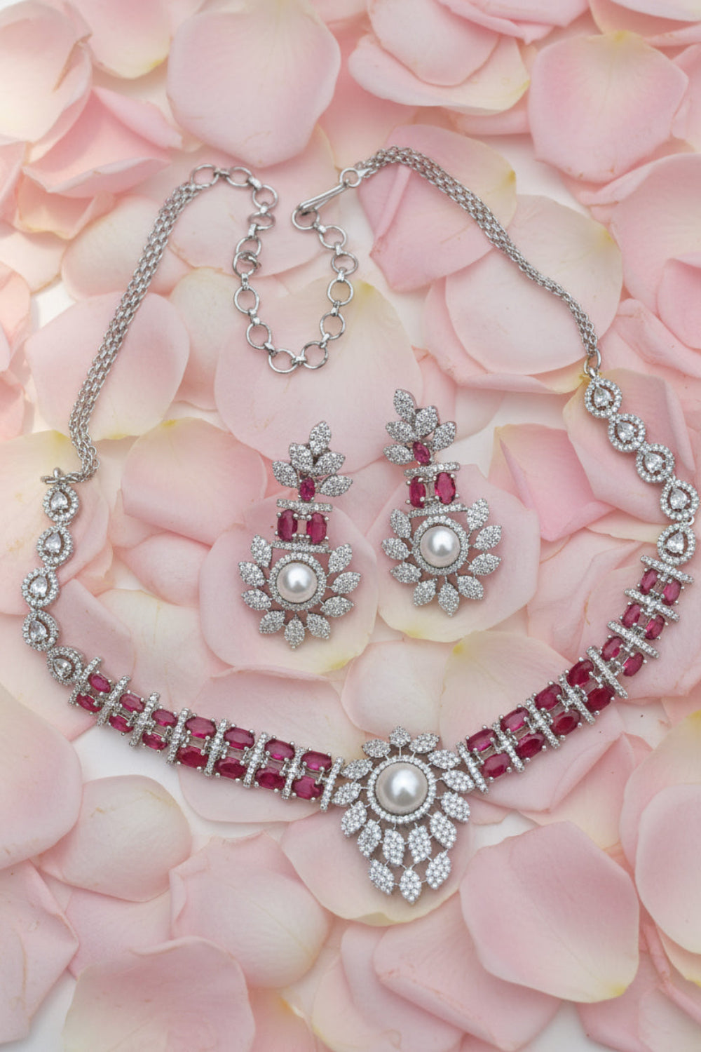 ruby cz pearl necklace earrings silver tone