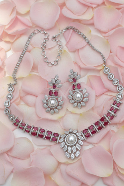ruby cz pearl necklace earrings silver tone