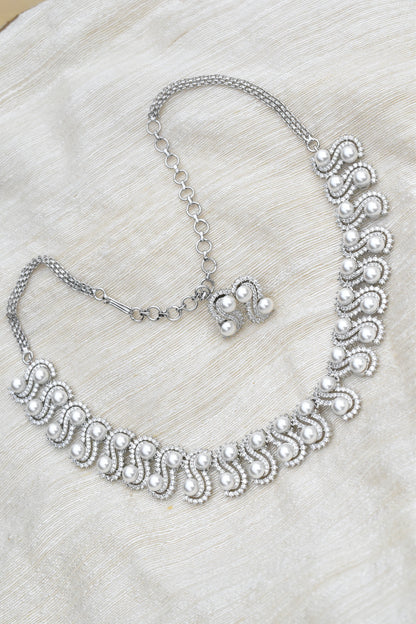 zirconia ad pearl silver necklace earrings Set adspchnes250306