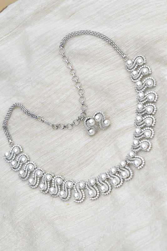 zirconia ad pearl silver necklace earrings Set adspchnes250306