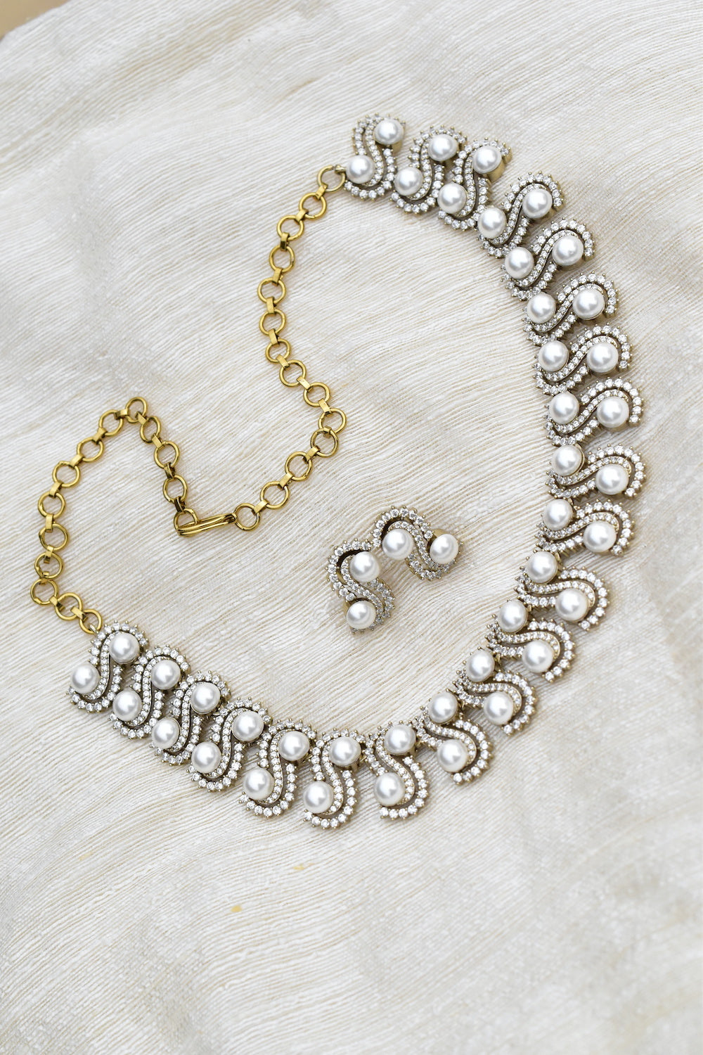 zirconia ad pearl silver necklace earrings Set adspchnes250306