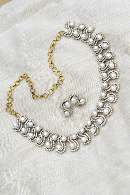 zirconia ad pearl silver necklace earrings Set adspchnes250306