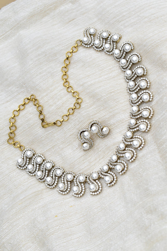 zirconia ad pearl silver necklace earrings Set adspchnes250306