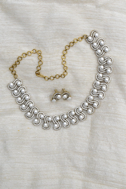 zirconia ad pearl silver necklace earrings Set adspchnes250306