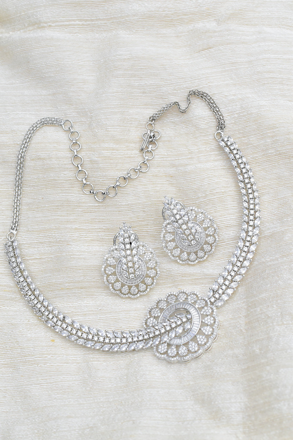 Ad silver polish delicate necklace earrings Set adspchnes250311