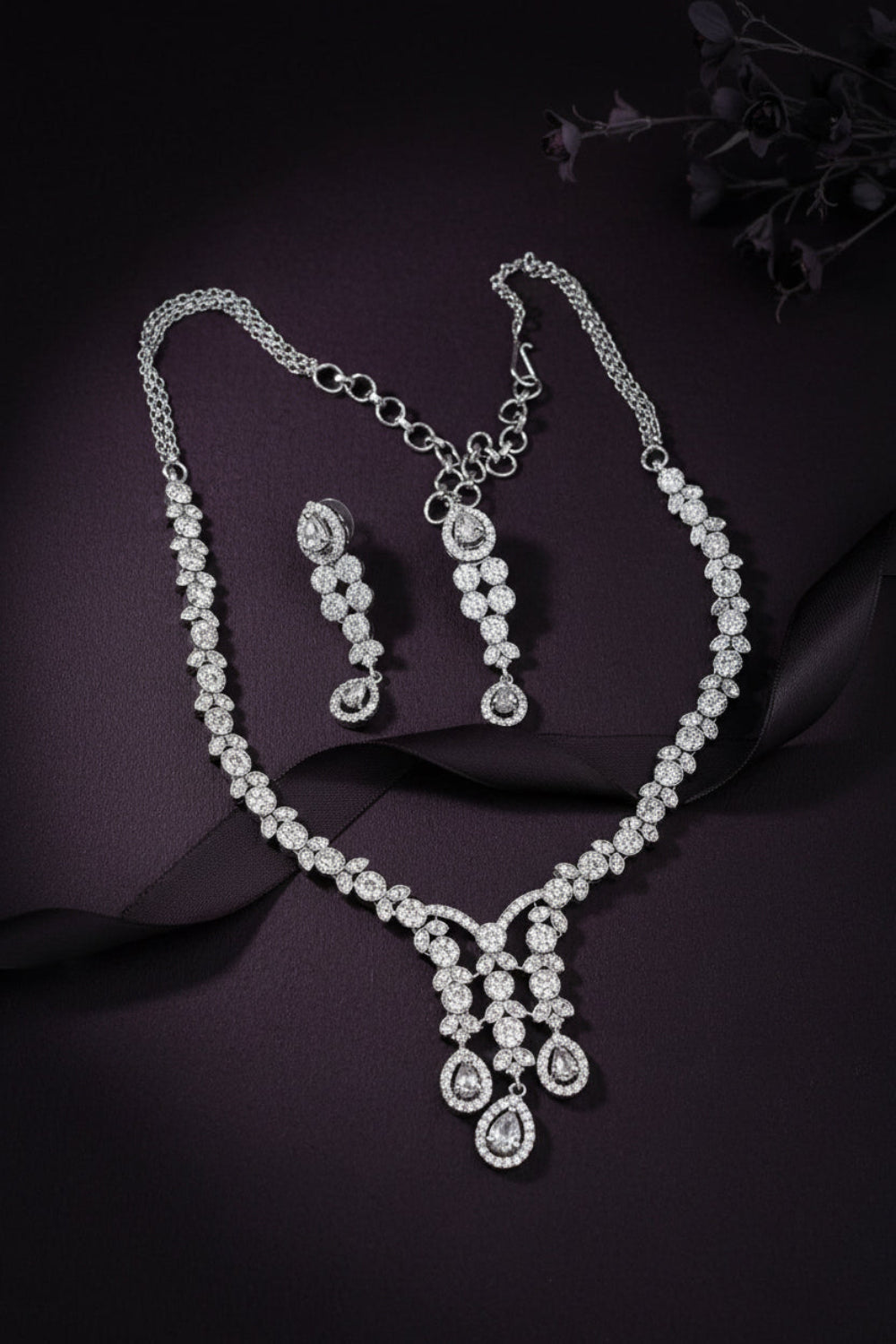 diamond floral silver polish necklace earrings set