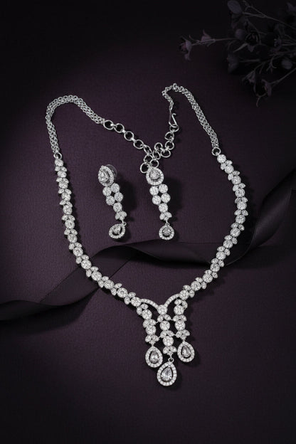 diamond floral silver polish necklace earrings set