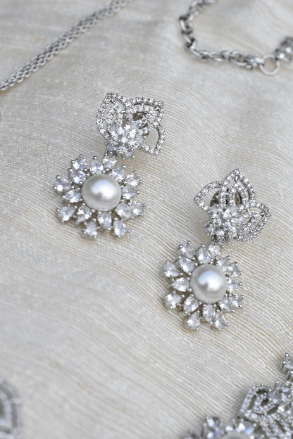 zirconia ad pearl silver necklace earrings Set adspchnes250310