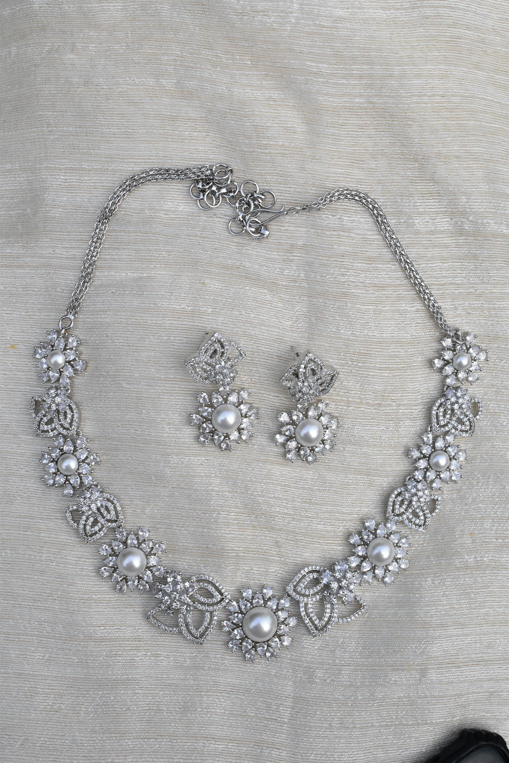 zirconia ad pearl silver necklace earrings Set adspchnes250310