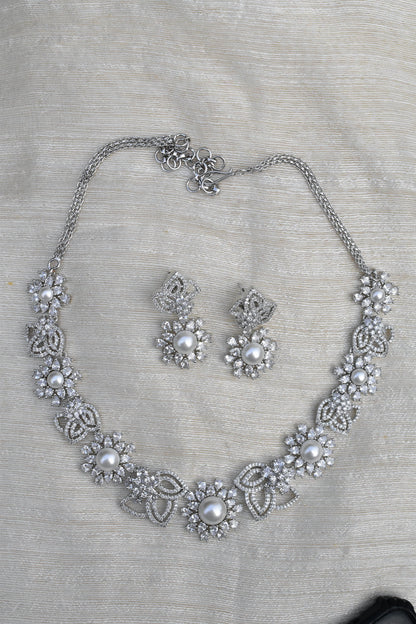 zirconia ad pearl silver necklace earrings Set adspchnes250310