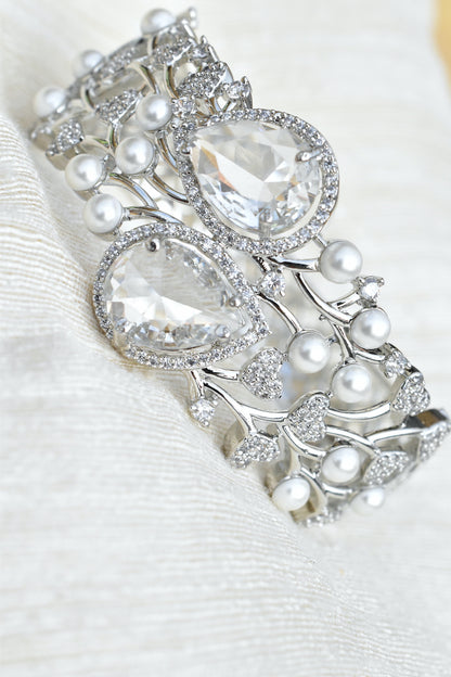 silver bangle bracelet with cz and pearl