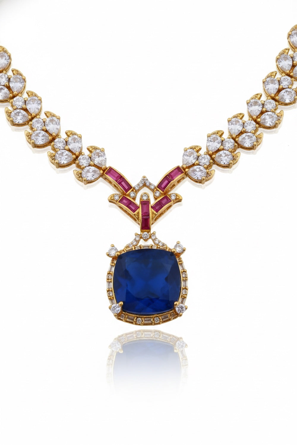 premium cubic zirconia gold link chain & square doublet pendant Set 