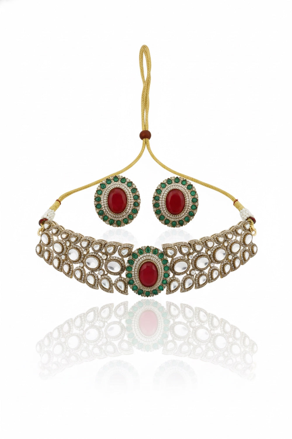 Champaign gold polish choker and big stud earrings with doublet with cubic zirconia pota ruby emerald and sapphire stone