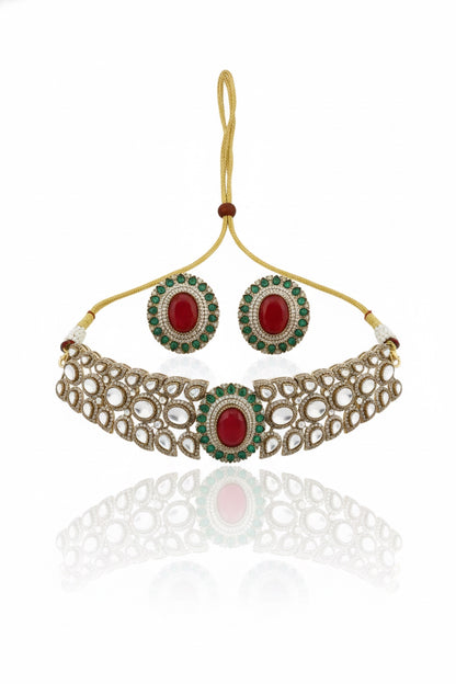 Champaign gold polish choker and big stud earrings with doublet with cubic zirconia pota ruby emerald and sapphire stone
