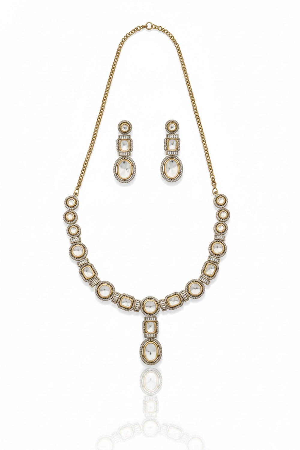 tyaani kundan moissanite polki kundan long necklace earrings with cubic zirconia and coloured stone indian bridal jewellery