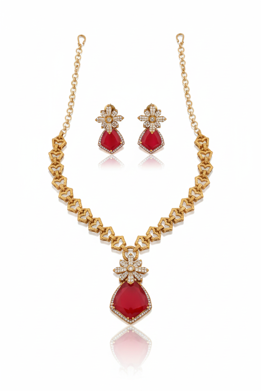 doublet pendant antique gold chain necklace with doublet and cubic zirconia floral pentagon stone western look statement set