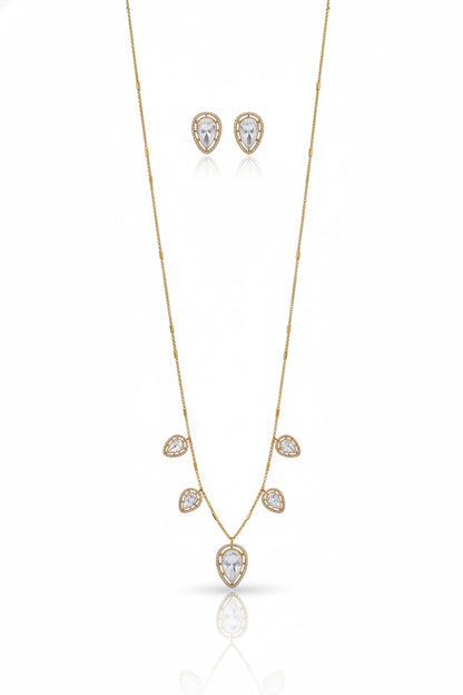 polki pendanat with cz border and golden chain with leaf shape stud earrings indian jewellery