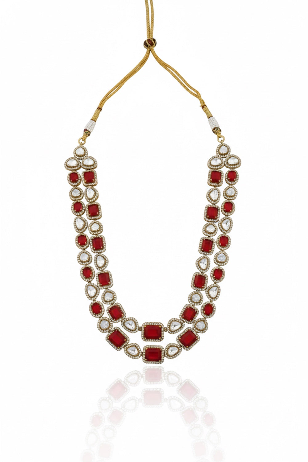 zirconia red doublet stone kundan multilayer long necklace with drop earrings
