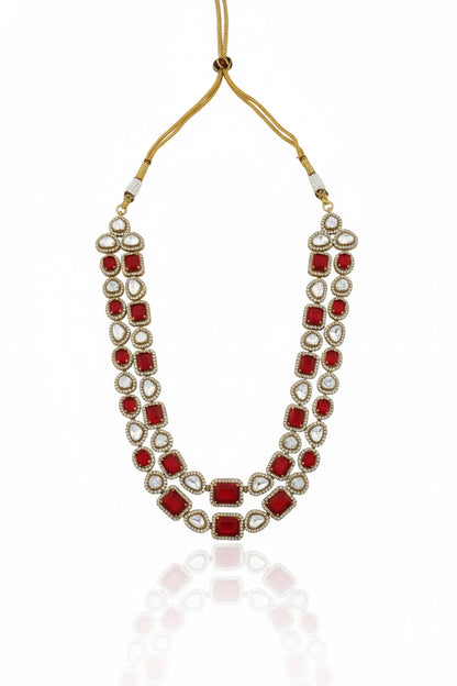 zirconia red doublet stone kundan multilayer long necklace with drop earrings