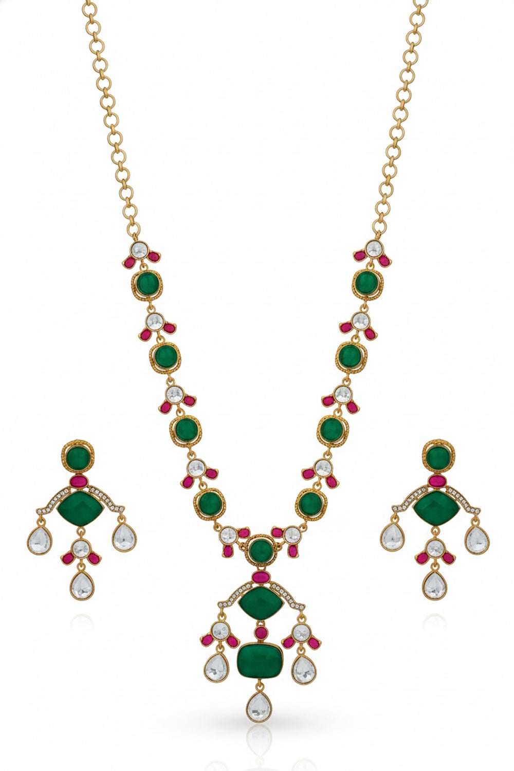 green onyx long necklace drop earrings antique gold