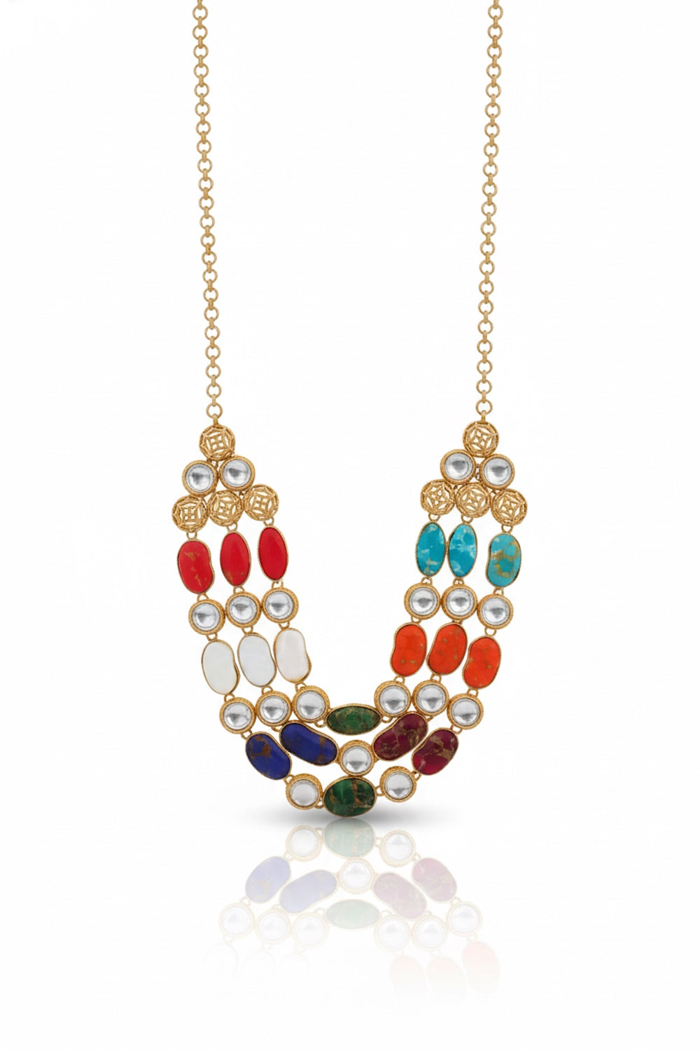 Kundan semi precious stone multi layer Long Necklace Earrings Set klnes250388