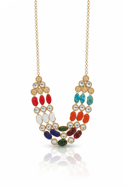 Kundan semi precious stone multi layer Long Necklace Earrings Set klnes250388