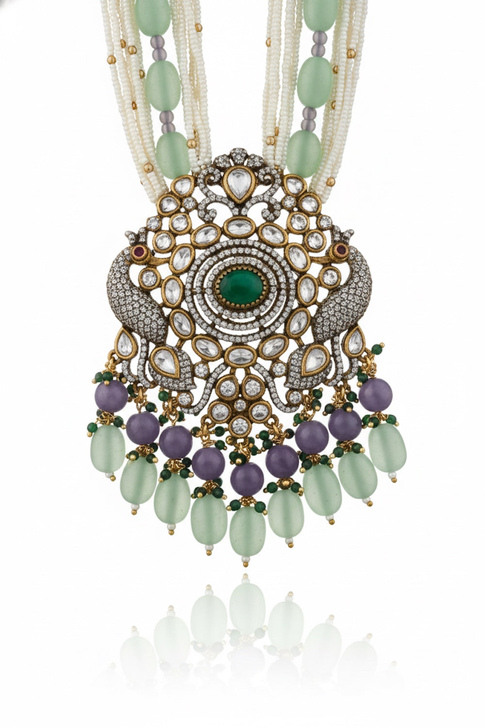 Victorian cz moissanite kundan fusion bridal long set ranihaar klnes250394