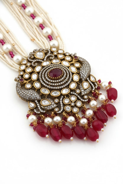 Victorian cz moissanite kundan fusion bridal long set ranihaar klnes250394