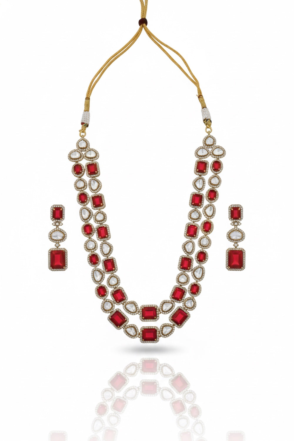 zirconia red doublet stone kundan multilayer long necklace with drop earrings