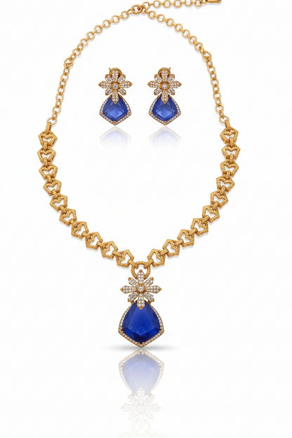 doublet pendant antique gold chain necklace with doublet and cubic zirconia floral pentagon stone western look statement set