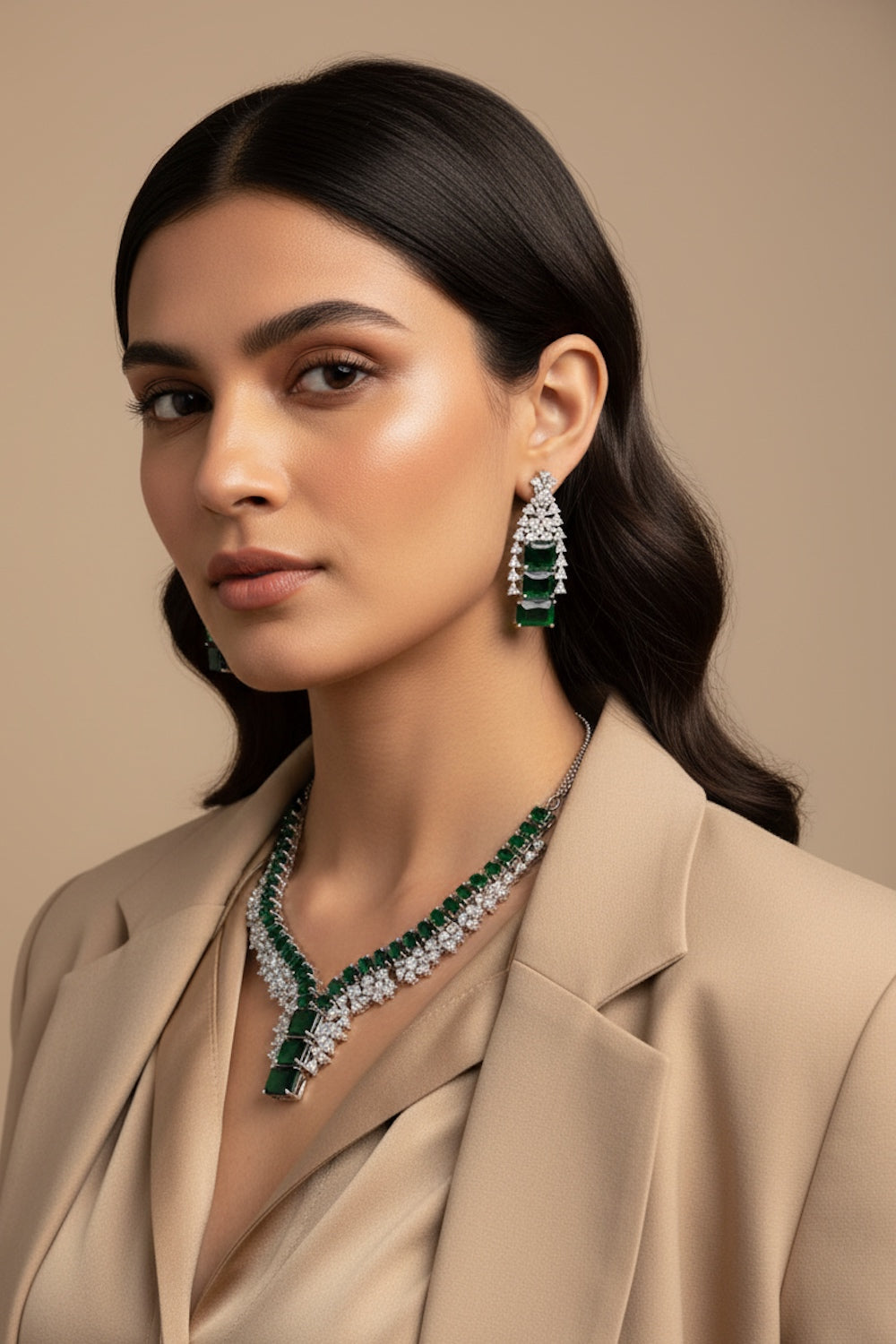 cz emerald necklace set