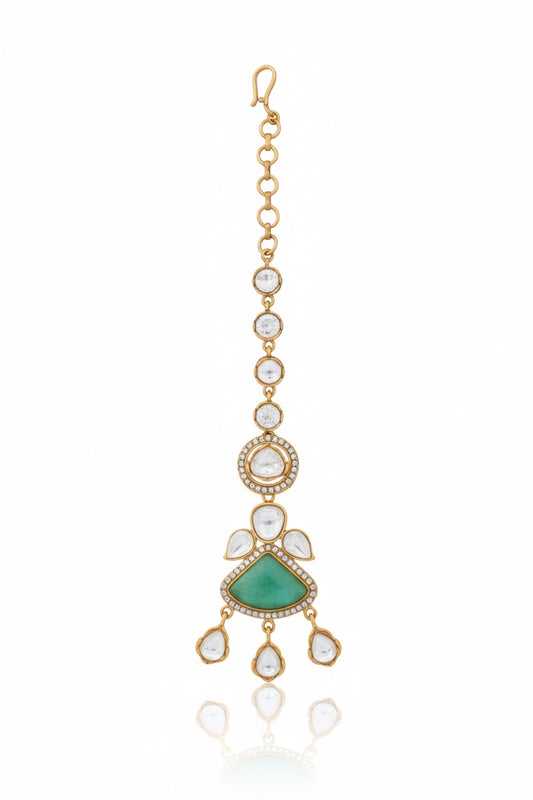 mint stone kundan maang tika with antique gold finish indian jewellery