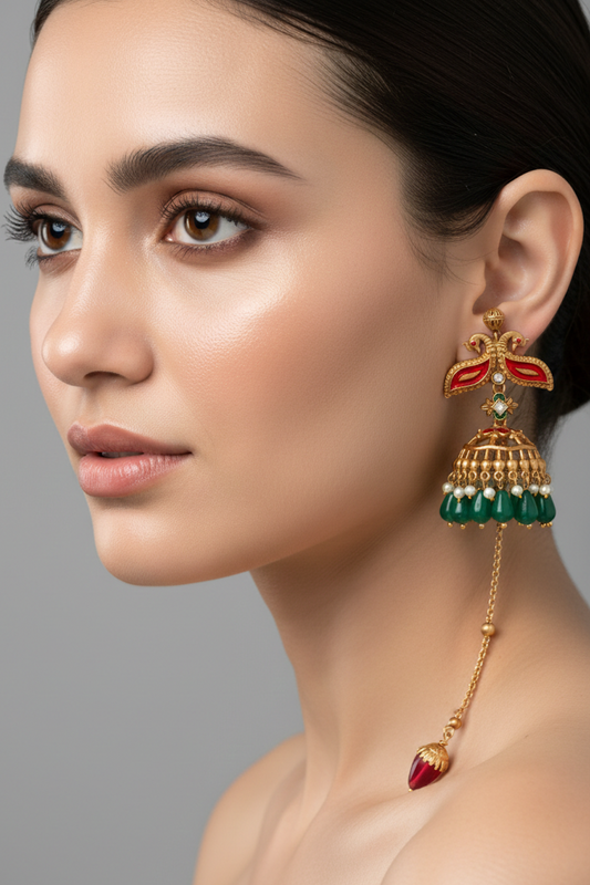 antique gold with meenakari and peacock design and jhumka earrings with green stone danglers