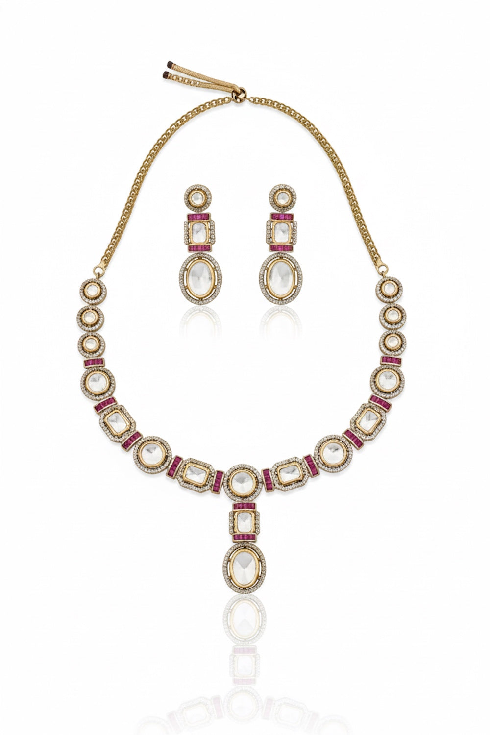 tyaani kundan moissanite polki kundan long necklace earrings with cubic zirconia and coloured stone indian bridal jewellery