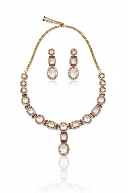 tyaani kundan moissanite polki kundan long necklace earrings with cubic zirconia and coloured stone indian bridal jewellery