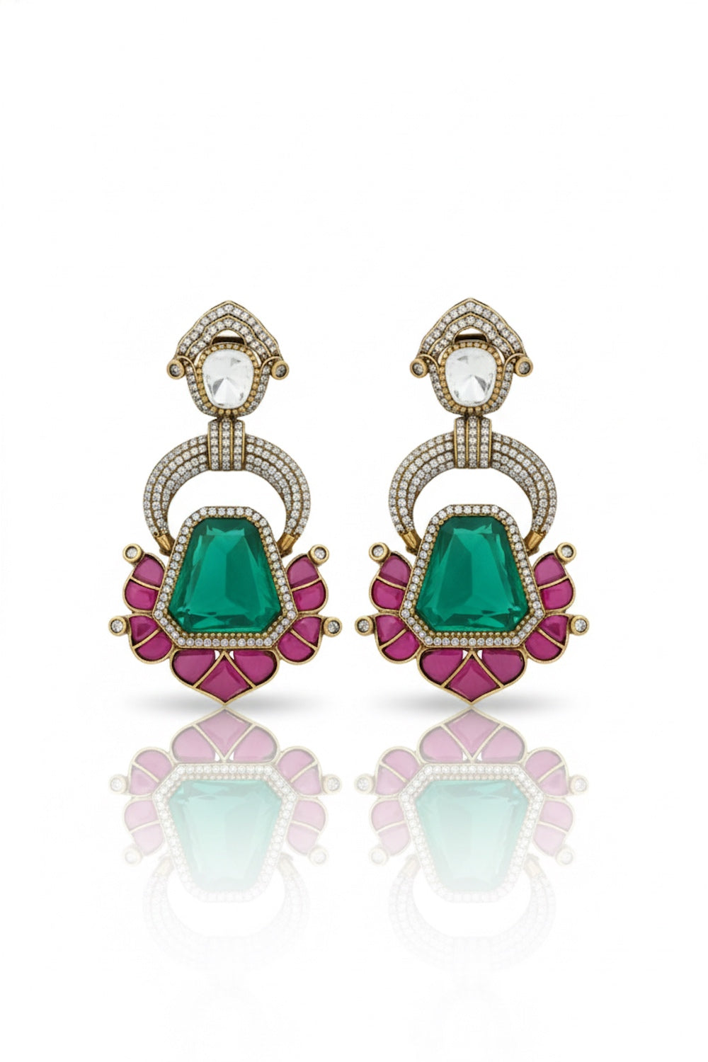emerald doublet stone pota ruby cubic zirconia moissanite kundan dangle and drop earrings antique gold finish indian bridalm wedding jewellery
