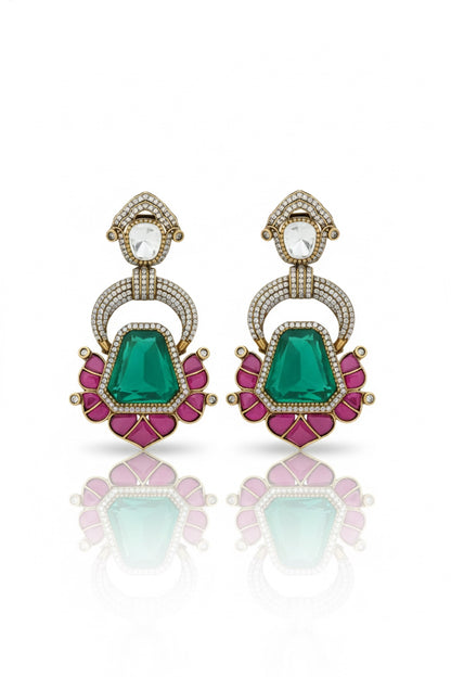 emerald doublet stone pota ruby cubic zirconia moissanite kundan dangle and drop earrings antique gold finish indian bridalm wedding jewellery